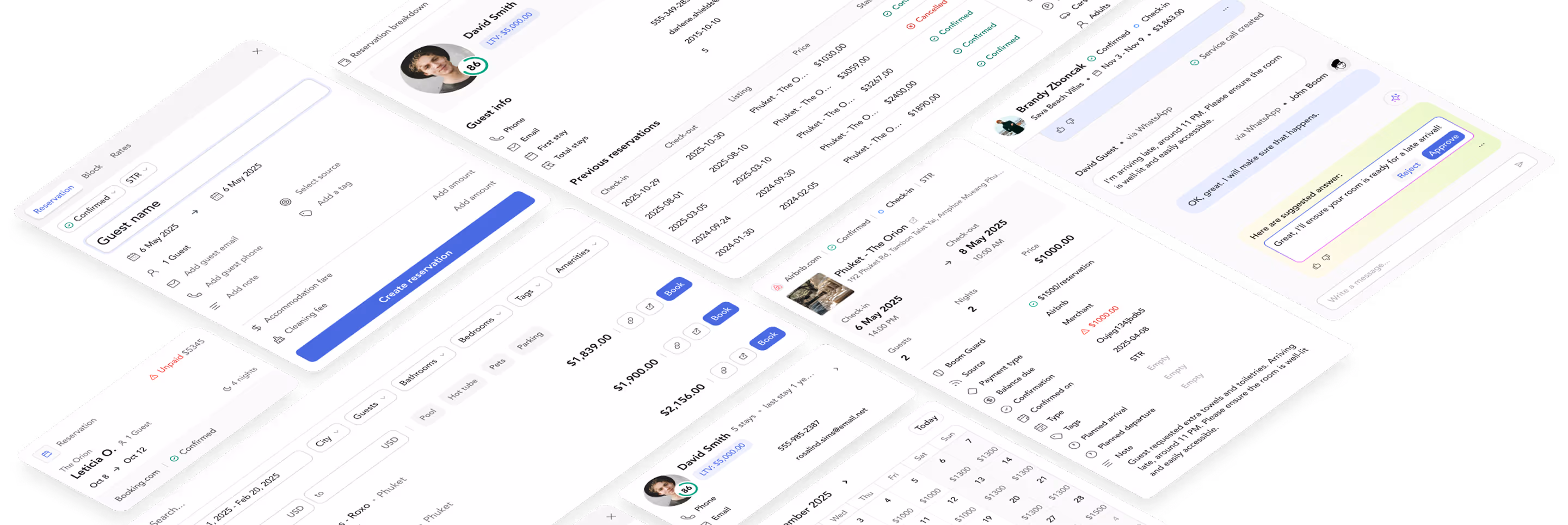 Composite of multiple user interface screens showing reservation details, guest info, previous reservations, messaging, and booking options for a property management system. | Boom