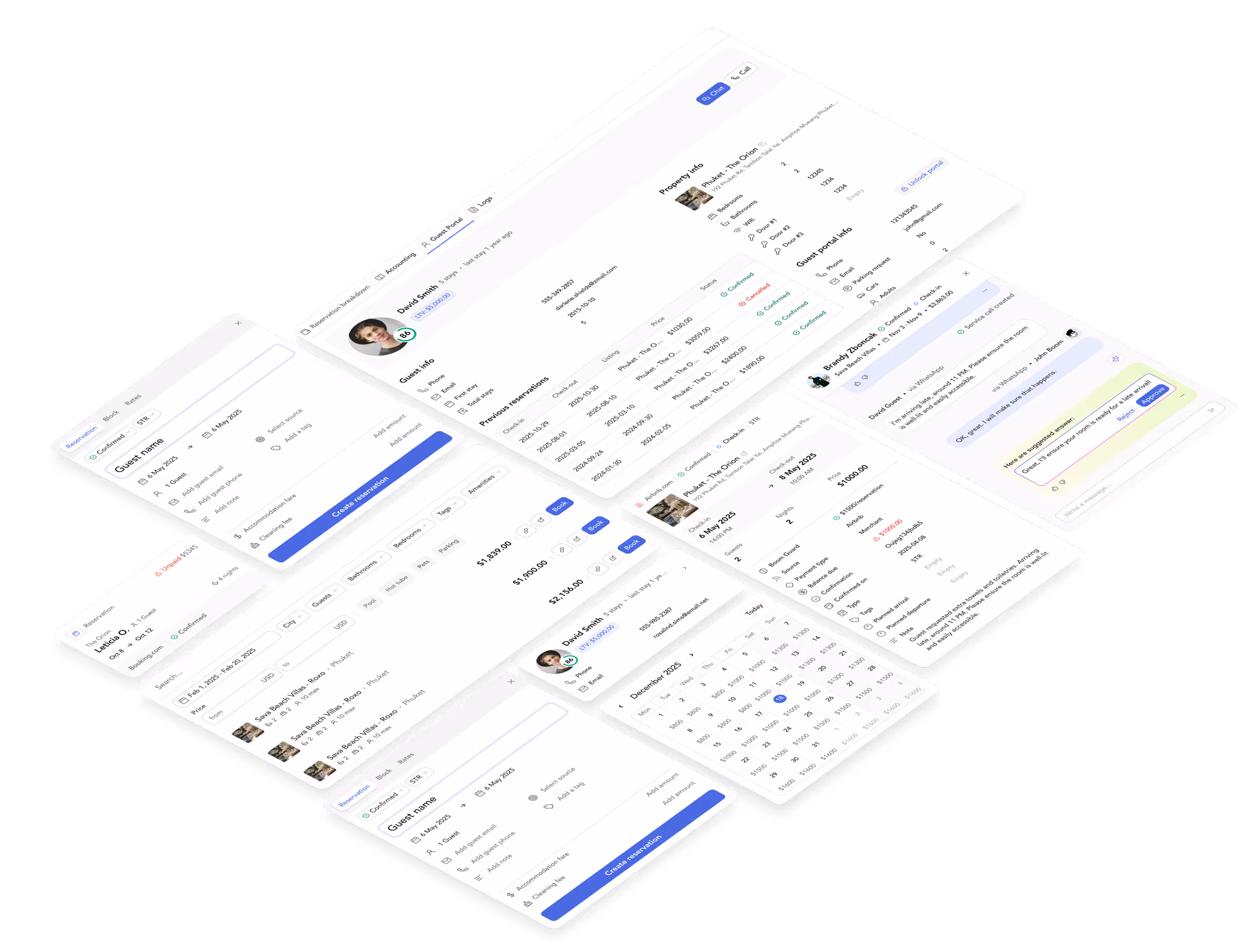 Digital interface mockup displaying multiple overlapping reservation and messaging screens with guest info, booking details, and chat messages. | Boom