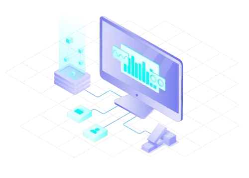 Isometric illustration of a computer monitor displaying data charts connected to security, user icons, a holographic network, and stacks of money.