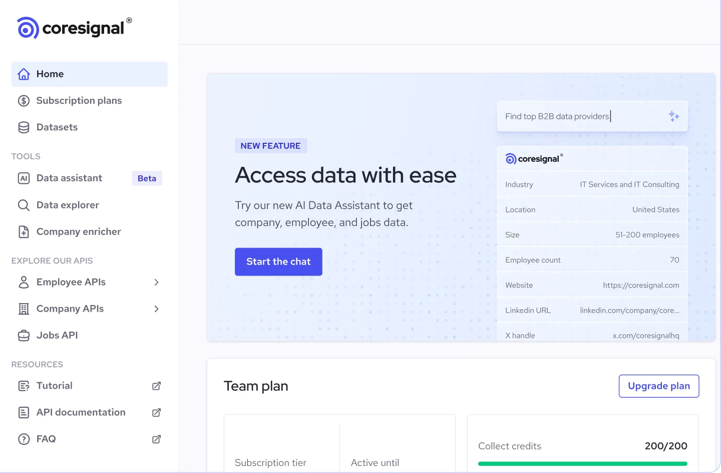 Coresignal self-service dashboard