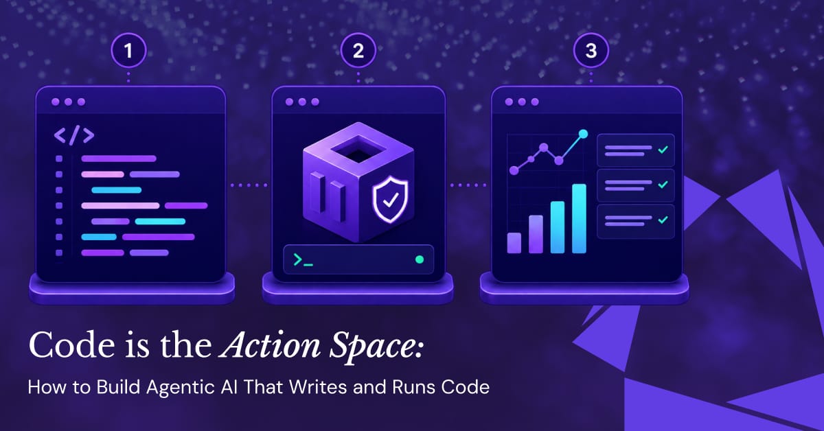 Illustration of a three-step agentic AI workflow showing code creation, secure code execution, and output analysis, for Manifold’s “Code Is the Action Space” article.