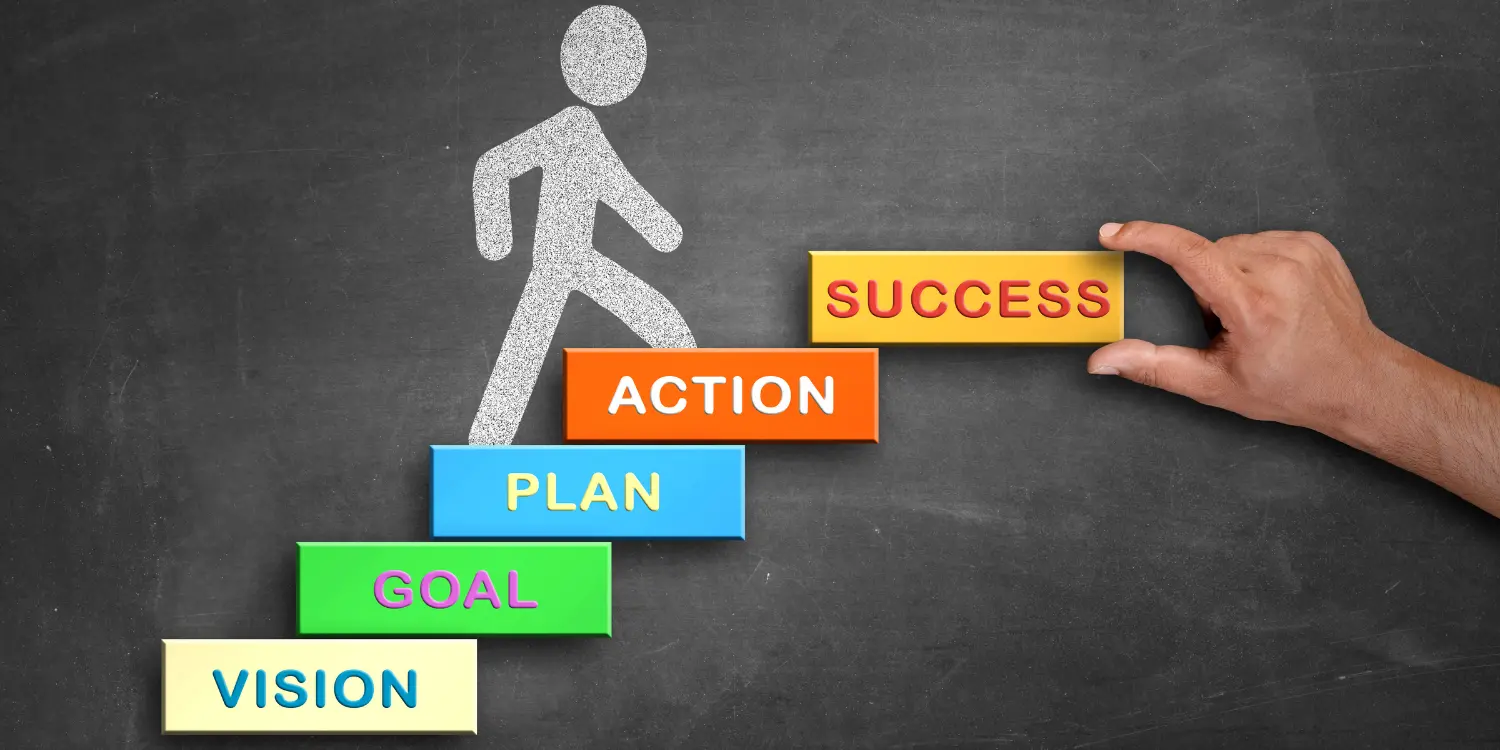 An illustrated person walking up the steps to their goal of success. 