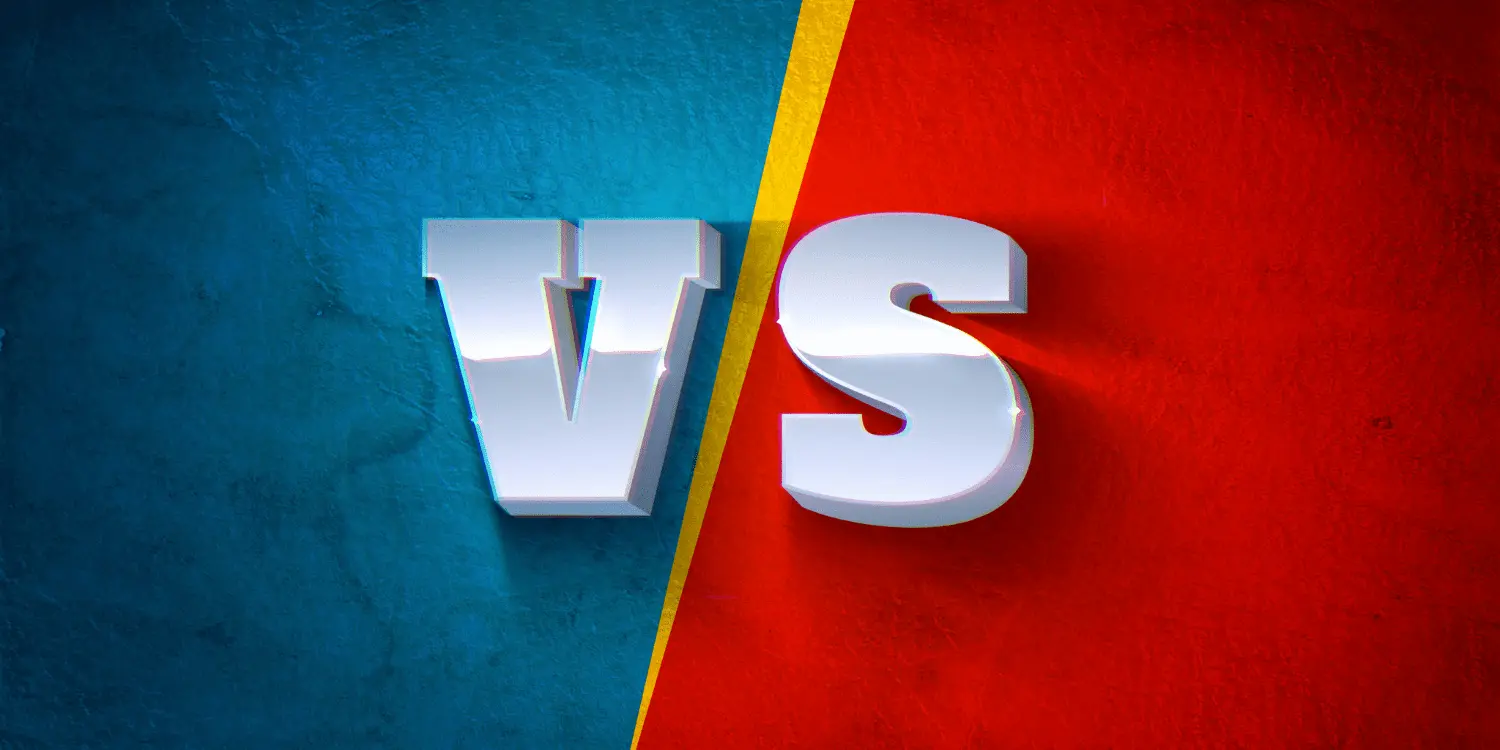 An illustration of the versus abbreviation on a split blue and red background representing the difference between debt management and debt settlement.