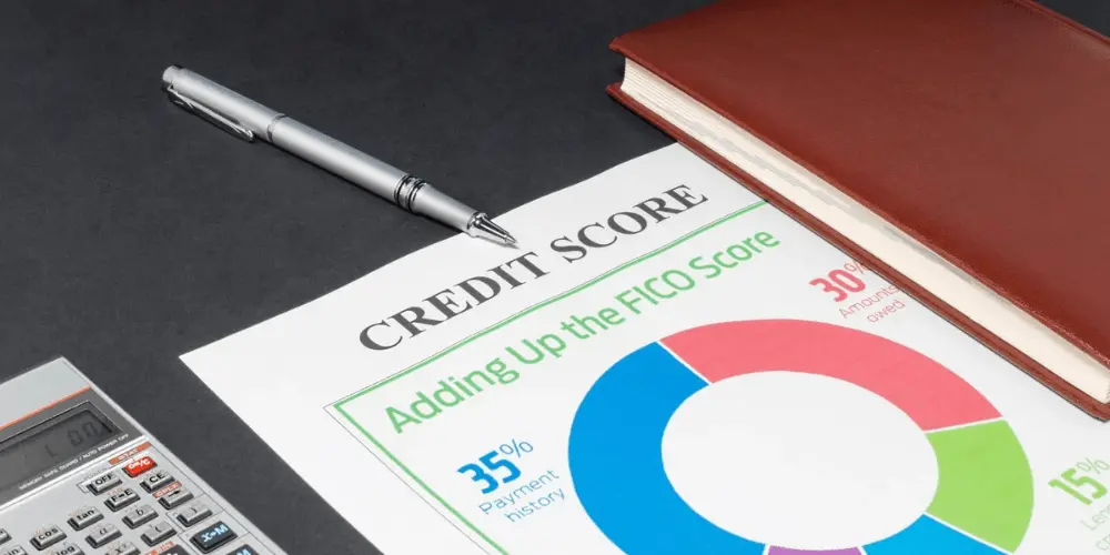 A report titled 'CREDIT SCORE' with a breakdown of factors like payment history and amounts owed, alongside a calculator and leather book, emphasizing smart money management and credit health.