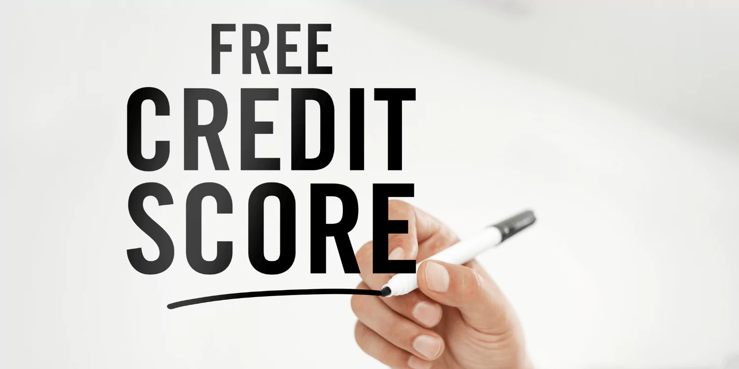 Text 'FREE CREDIT SCORE' with a person drawing a line underneath, emphasizing the ease of checking your credit score and report for free from major credit bureaus to monitor credit history and scores.