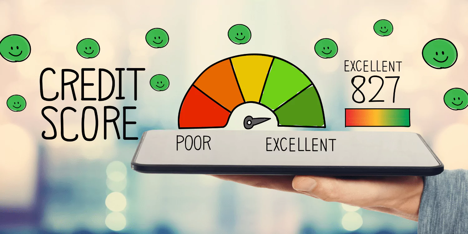 A person holds a smart device displaying a credit score gauge labeled from 'Poor' to 'Excellent', indicating a high score of 827. The background features blurred city lights and cheerful emojis.