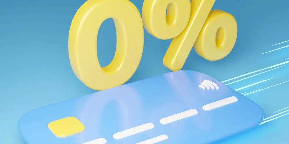 A moving credit card with a 0% interest rate on top of the credit card, indicating how credit card interest rates can move quickly.