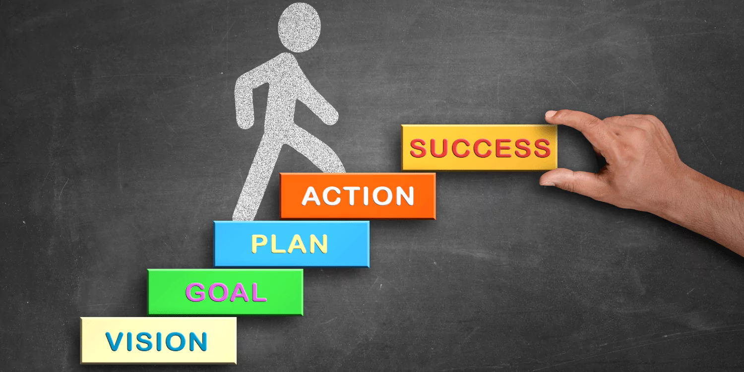 A person climbs a ladder labeled with "success," "action plan," "vision," and "plan," symbolizing progress in debt counseling.