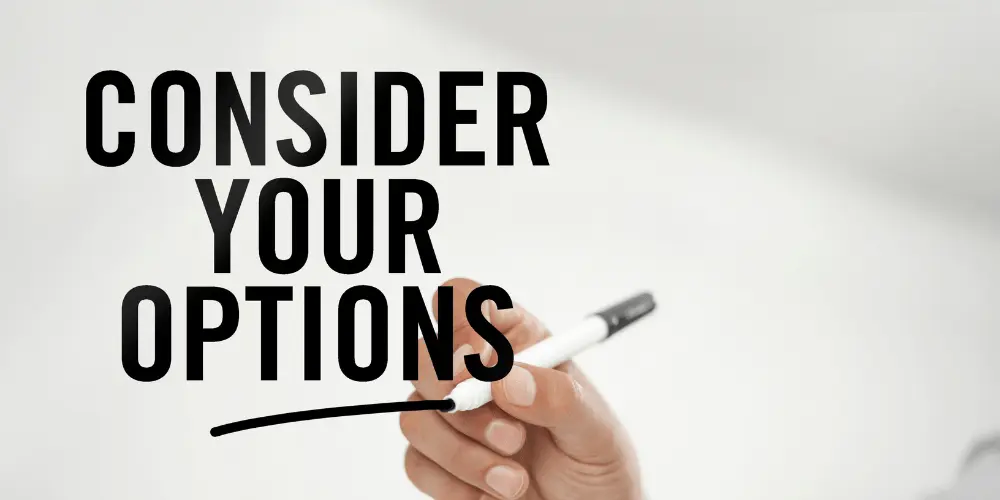 Text “consider your options” with a hand underlining, symbolizing eviction prevention strategies and legal help.