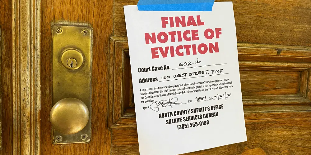 Final eviction notice taped to a front door, showing the urgent need for renters to act quickly after receiving notice.