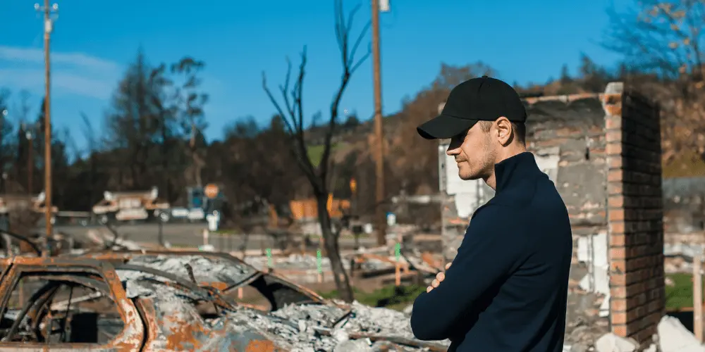 Homeowner stands near burned ruins, looking for FEMA disaster relief assistance to start recovery after wildfire damage.