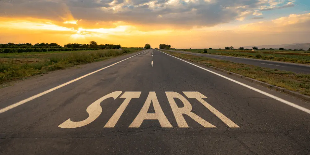 Open road with the word “START” symbolizing a fresh financial beginning after a natural disaster.