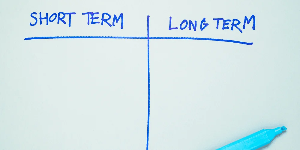 Short-term vs long-term goals chart on whiteboard, showing how to prioritize financial planning and spending decisions