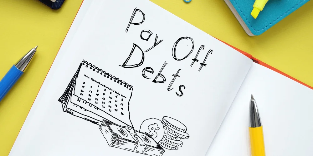 Cuaderno que muestra el plan de pago de deudas con un calendario y bocetos del dinero, destacando una estrategia para reducir la deuda y ahorrar más