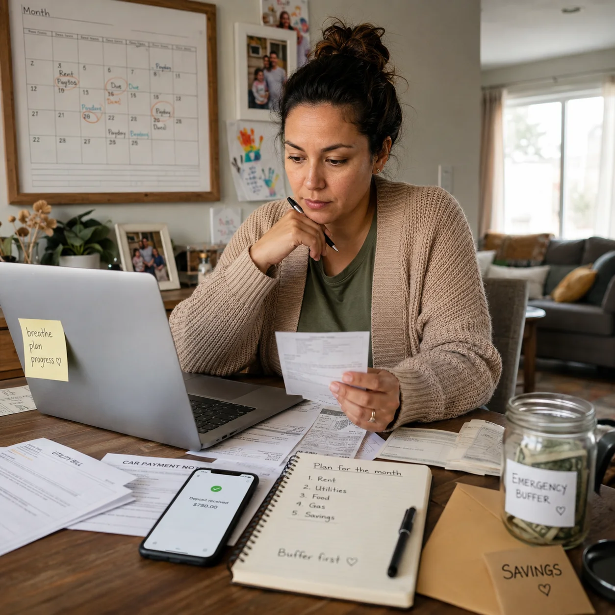 woman looking at all of bills and paying them via her phone while sitting in a chair at her dinning table with a laptop and in front of her as she holds a document and is in a pondering posture.