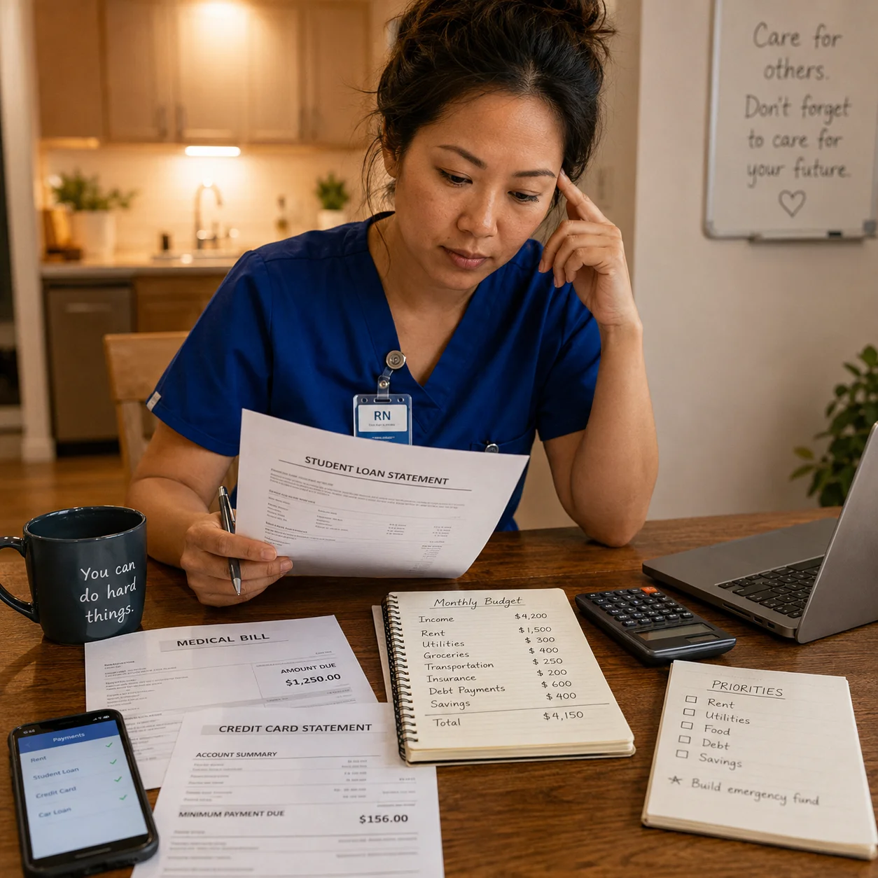 Healthcare worker in scrubs reviewing student loans, medical bills, credit card debt, and a monthly budget at home.