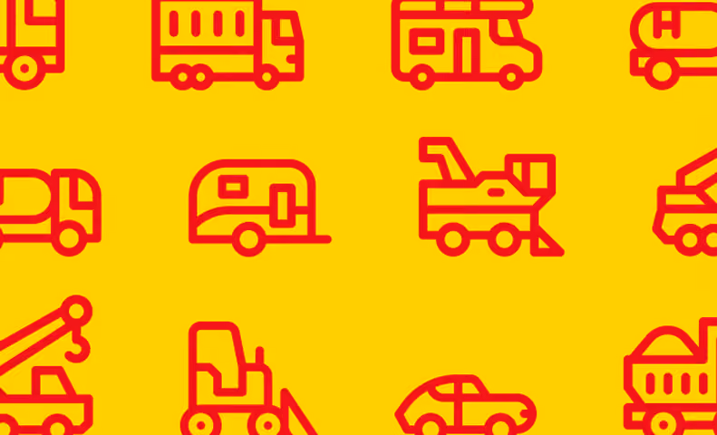 Besondere Fahrzeuge wie LKW, Wohnmobil, Bagger, Landwirtschaftsfahrzeuge und Wohnwagen sind abgebildet.