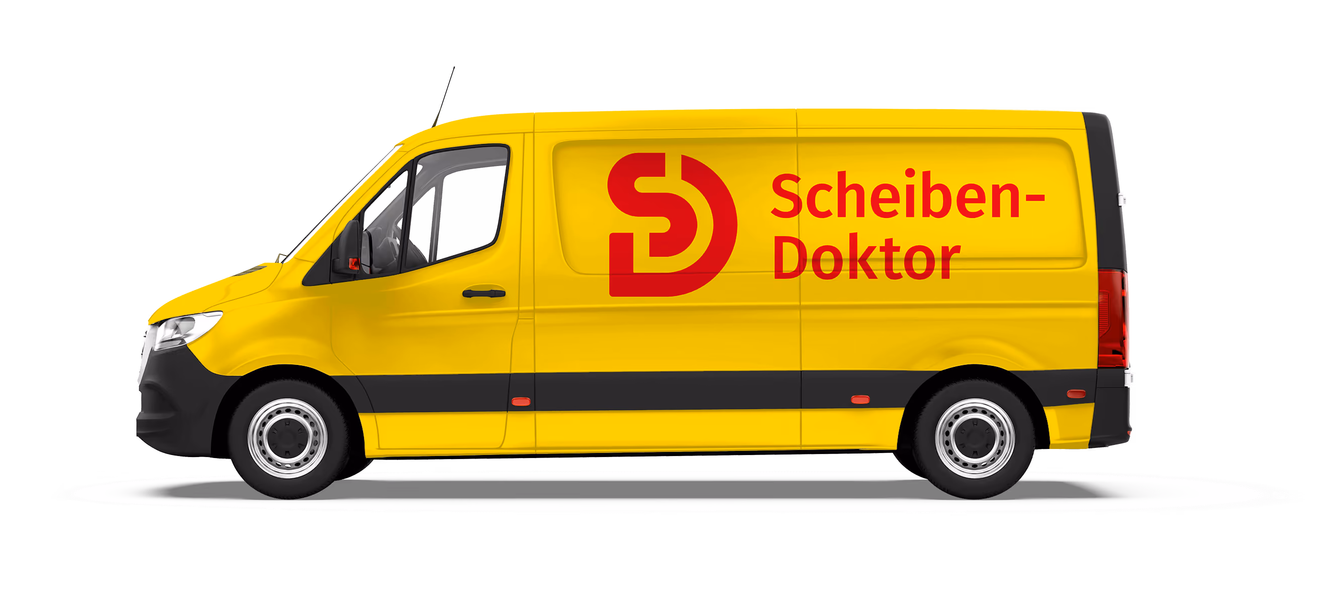 Ein mit dem Logo und dem Wort Scheiben-Doktor beschrifteter Lieferwagen kommt von rechts ins Bild gefahren.