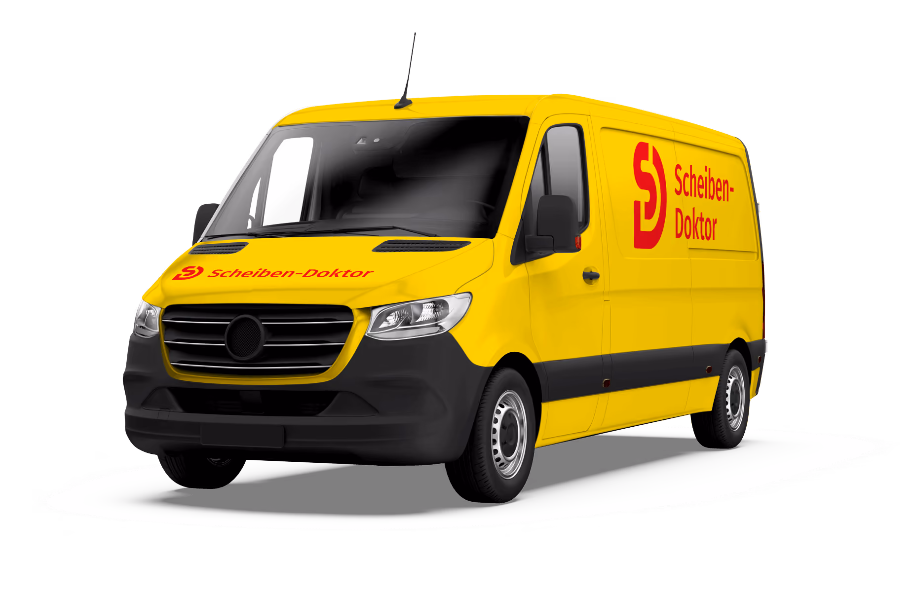 Ein mit dem Logo und dem Wort Scheiben-Doktor beschrifteter Lieferwagen in gelb ist zu sehen. 