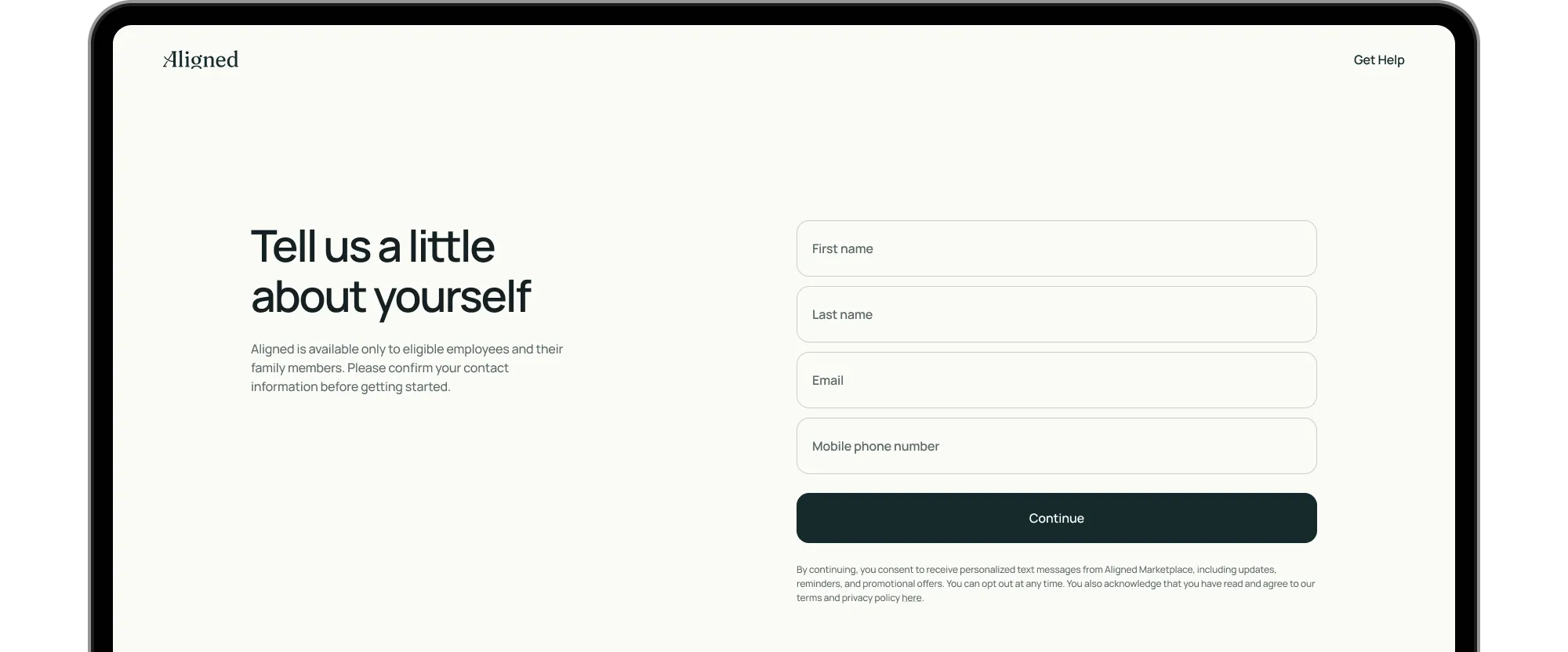 Screenshot of the Aligned Marketplace web app, showing the app asking for the user's work email as part of verifying the user's account.