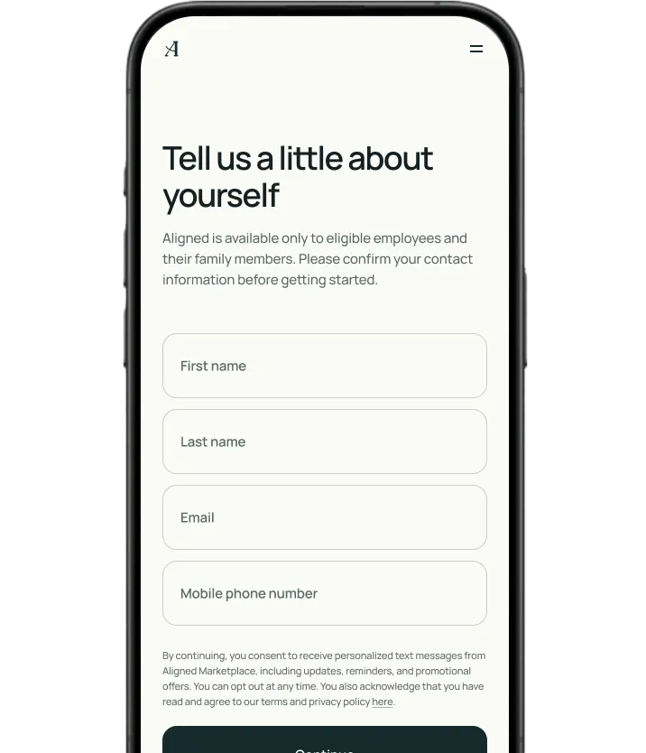 Screenshot of the Aligned Marketplace web app on a mobile device, showing the app asking for the user's work email, which is used to verify the user's account.
