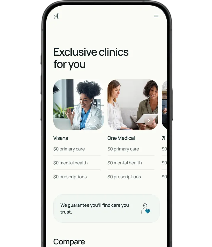 Screenshot of the Aligned Marketplace web app on a mobile device, showing information about multiple provider groups and filters that the user can use to find the provider group for them.