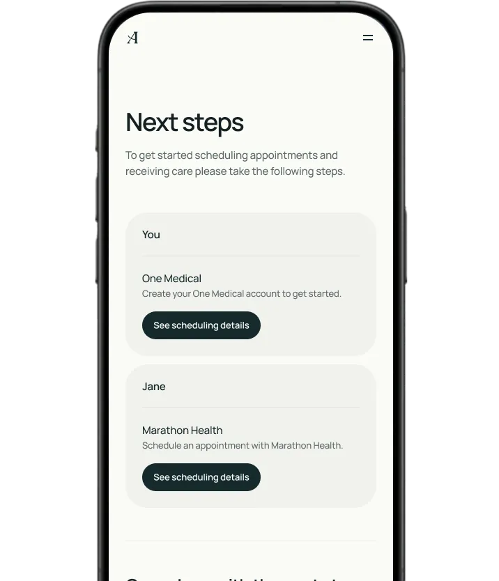 Screenshot of the Aligned Marketplace web app on a mobile device, showing that the user can invite a dependent and listing the user's next steps.