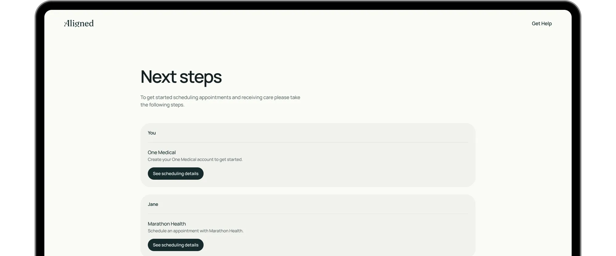 Screenshot of the Aligned Marketplace web app success screen, showing that the user can invite a dependent and listing the user's next steps at the end of registration.