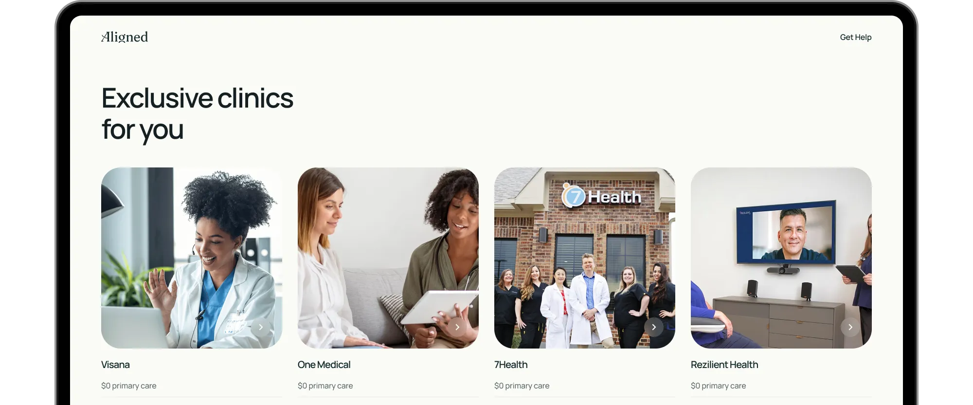 Screenshot of the Aligned Marketplace web app, showing information about multiple provider groups on cards stacked on top of each other.