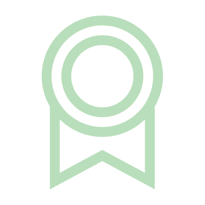 Minimalist green ribbon badge icon representing quality or achievement.