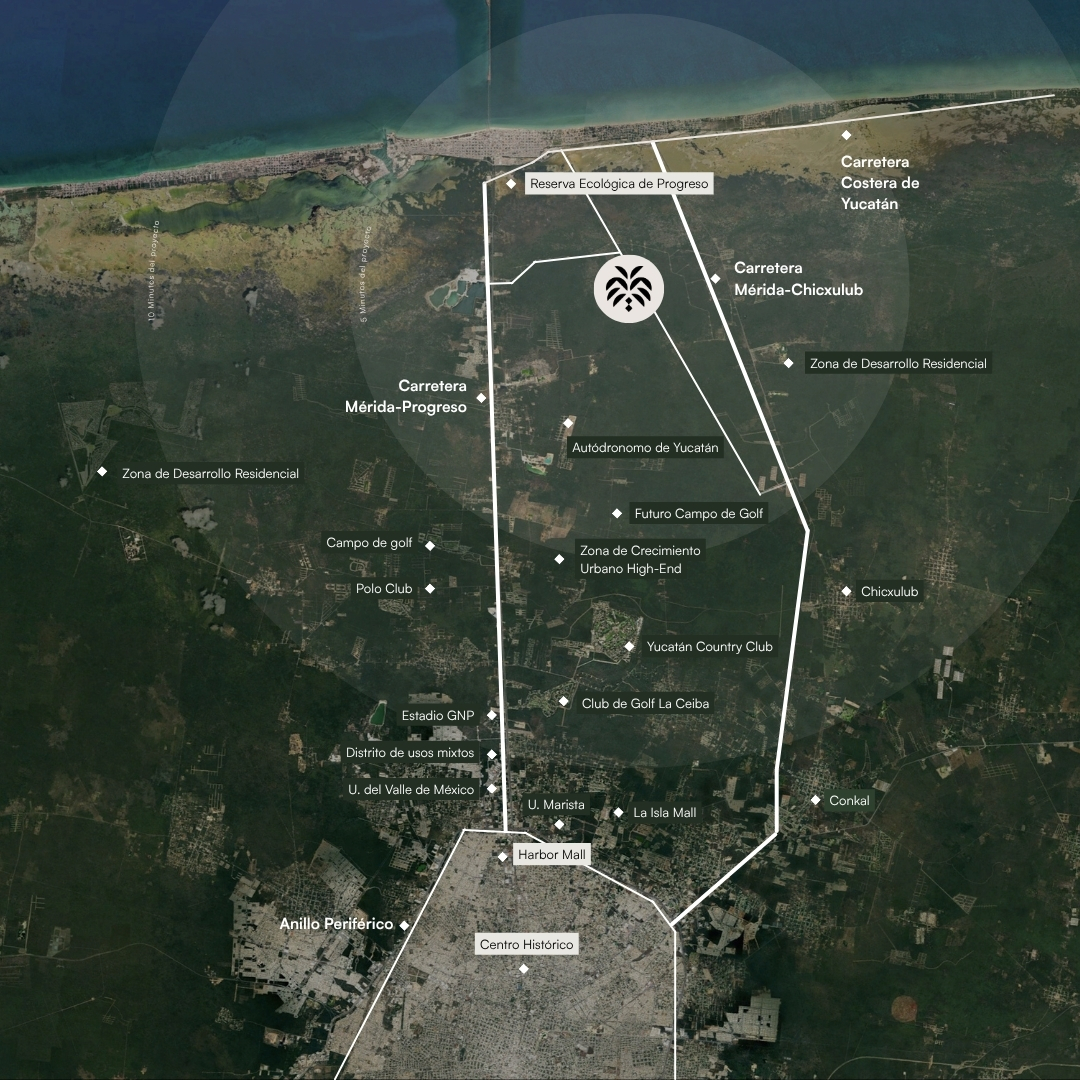Mapa de la zona: Costa Norte entre Progreso y el norte de Mérida, con la zona de crecimiento urbano marcada
