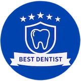 Blue circular badge with a white tooth inside a shield, five stars above, and BEST DENTIST text below.