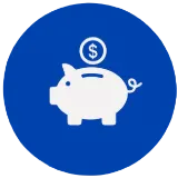 White piggy bank with a coin above it on a blue circular background.