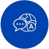 White icon of a globe with a speech bubble containing three dots and a letter A inside a blue circle, symbolizing multilingual communication.
