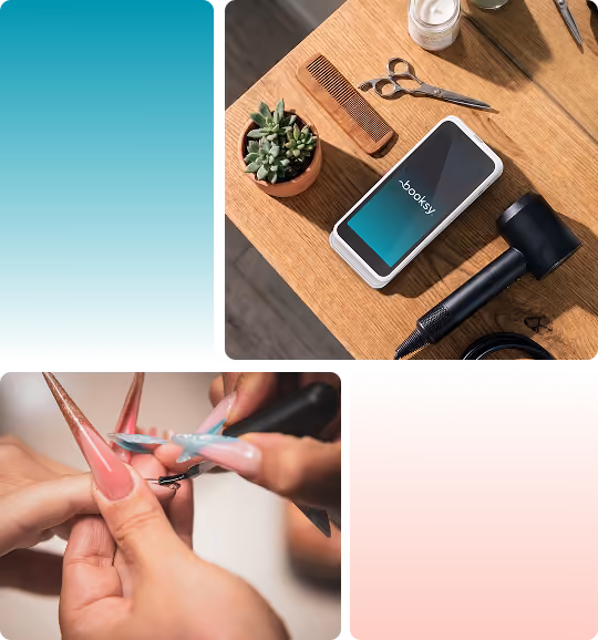 Smart payment terminal displaying 'booksy Better you.' on a wooden table with potted plants, and a person receiving a manicure on a marble surface.