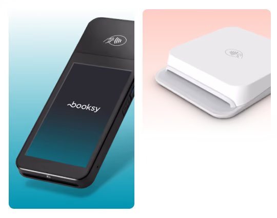 Two contactless payment devices; one black with a 'booksy' screen on a teal background, and one white on a light pink background.
