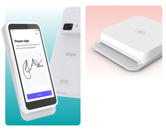 Two contactless payment devices; one black with a 'booksy' screen on a teal background, and one white on a light pink background.
