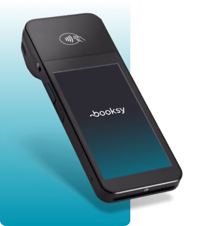 Black contactless card payment terminal displaying the Booksy logo on its screen.