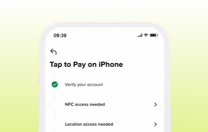 iPhone screen showing setup steps for Tap to Pay feature, with account verification completed and NFC and location access needed.