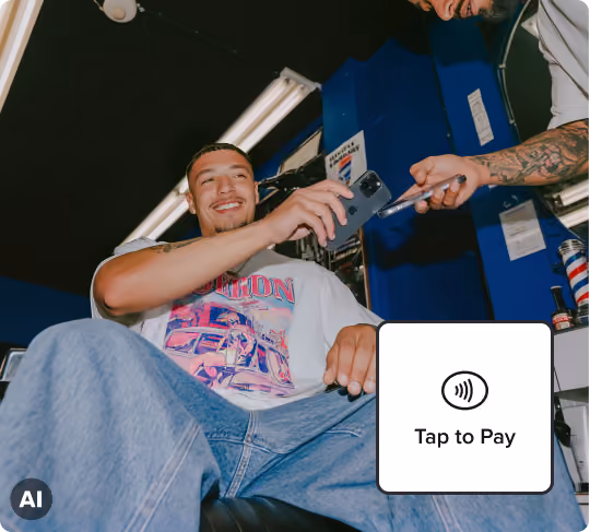 Smiling woman with curly hair wearing a white top next to a contactless payment icon labeled 'Tap to Pay'.