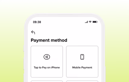 Mobile screen showing a payment method selection with options: Tap to Pay on iPhone and Mobile Payment.