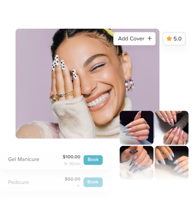 Close-up of a woman with colorful orange, pink, and blue eye makeup and four images of manicured nails next to booking options for gel manicure and pedicure.