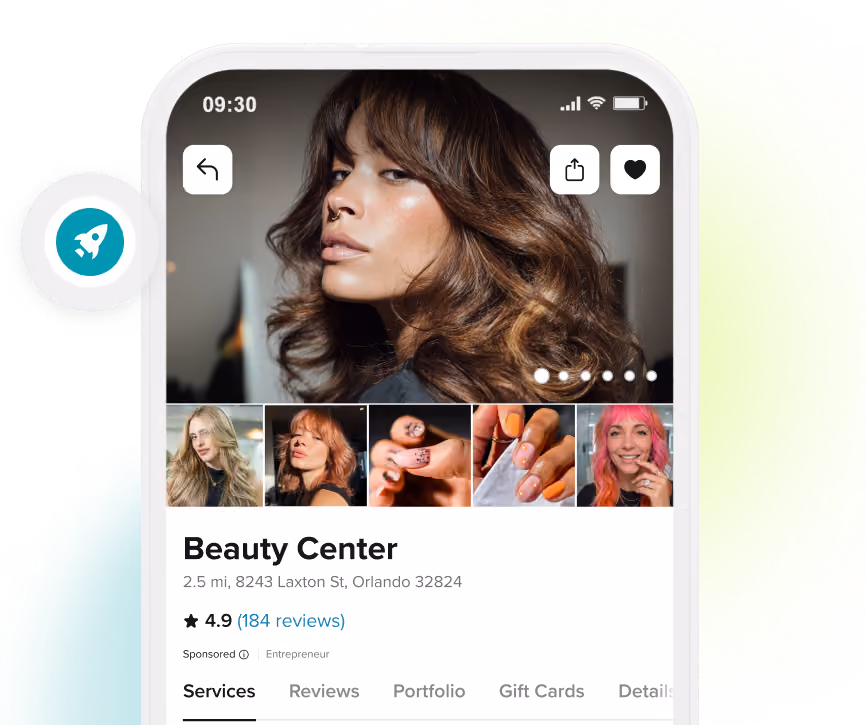 Mobile app interface for Eve Hair Studio in Chicago showing a close-up photo of a woman with blue eyes, 4.9 star rating from 140 reviews, and navigation tabs for services, reviews, portfolio, gift cards, and details.