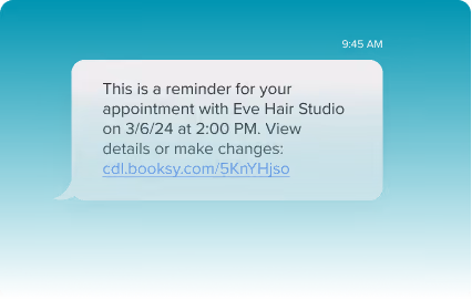 Text message reminder for an appointment with Eve Hair Studio on March 6, 2024, at 2:00 PM including a link to view details or make changes.