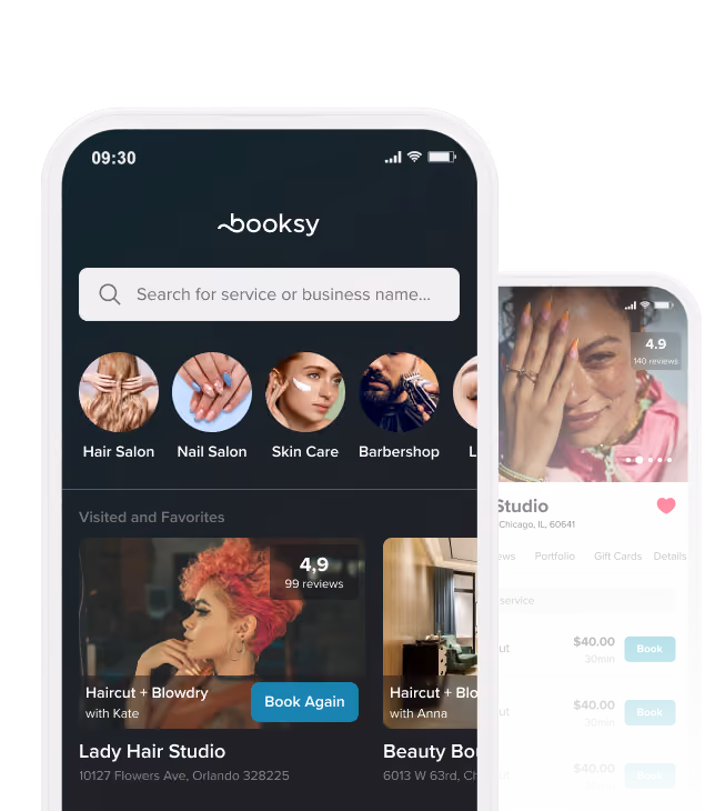 Mobile app interface showing Booksy with search bar, service categories like Hair Salon and Nail Salon, and listings for hair studios with ratings and booking options.