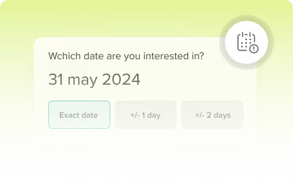 Online booking interface displaying the question 'Which date are you interested in?' with the date 31 May 2024 and three selectable options: Exact date, +/- 1 day, and +/- 2 days.