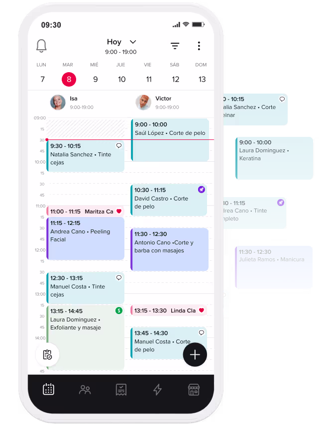 Smartphone screen showing a daily appointment calendar with color-coded time blocks for beauty treatments and haircuts between 9:00 and 14:45.