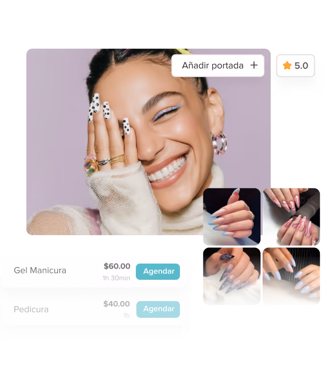 Close-up of a woman with colorful orange and blue eye makeup beside images of manicured nails and pricing for gel manicure and pedicure services with booking buttons.