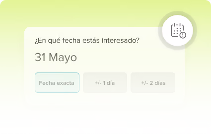 Interfaz de reservas en línea que muestra la selección de fechas para el 31 de mayo con opciones para la fecha exacta, más o menos 1 día o más o menos 2 días.