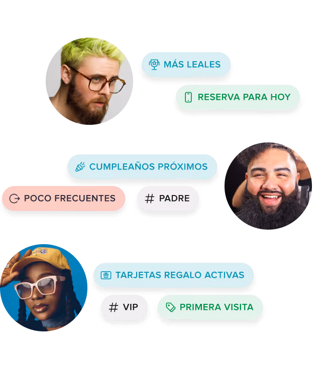 Collage of three diverse people with various colorful labeled tags in Spanish including Más leales, Reserva para hoy, Cumpleaños próximos, Poco frecuentes, Padre, Tarjetas regalo activas, VIP, and Primera visita.